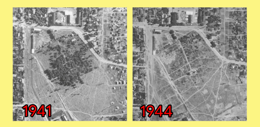 Порівняння знімків Севастопольського парку 1941 і 1944 років. На першому знімку багато дерев, на другому - видно, що парк вирубали майже повністю.