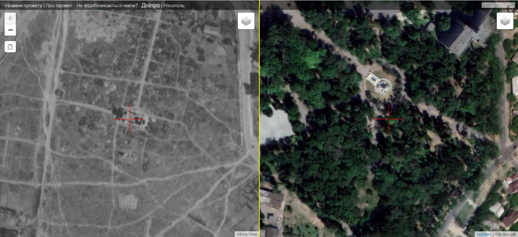 Два синхронизированных снимка показывают точку, в которой располагалась Лазаревское церковь.